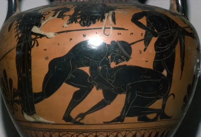 Framed Print : Heralles and Antaios, detail on Greek Neck-Amphora, c520BC-c510 BC. Artist: Leagros Group Framed Print : Heralles and Antaios, detail on Greek Neck-Amphora, c520BC-c510 BC. Artist: Leagros Group