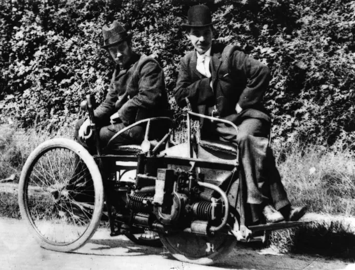 Framed Print : Herbert Austin (left) on 1897 Wolseley Tricar. Creator: Unknown Framed Print : Herbert Austin (left) on 1897 Wolseley Tricar. Creator: Unknown