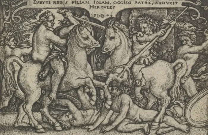 Framed Print : Hercules abducting Iole, from The Labors of Hercules, 1544. Creator: Sebald Beham Framed Print : Hercules abducting Iole, from The Labors of Hercules, 1544. Creator: Sebald Beham