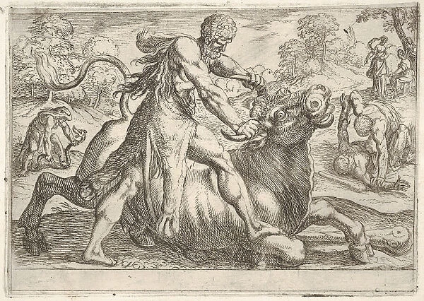Hercules and Achelous: at center Hercules grasps the horns of a bull while pressing his ri... 1608. Creator: Antonio Tempesta