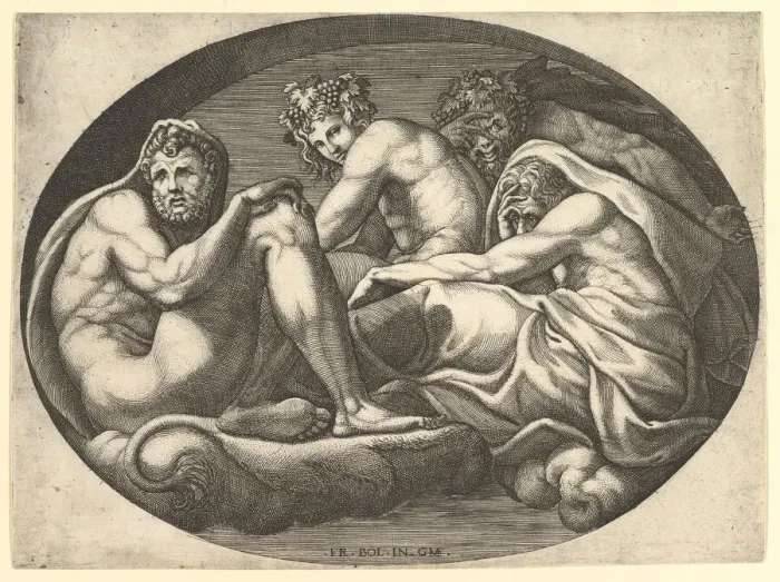 Framed Print : Hercules, Bacchus, Pan, and Saturn, from a series of eight compositions after Francesco P Framed Print : Hercules, Bacchus, Pan, and Saturn, from a series of eight compositions after Francesco P