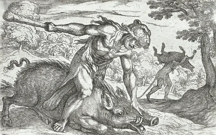 Framed Print : Hercules and the Boar of Erymanthus, 1608. Creators: Antonio Tempesta, Nicolaus van Aelst Framed Print : Hercules and the Boar of Erymanthus, 1608. Creators: Antonio Tempesta, Nicolaus van Aelst