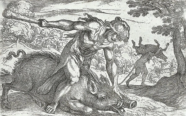 Hercules and the Boar of Erymanthus, 1608. Creators: Antonio Tempesta, Nicolaus van Aelst