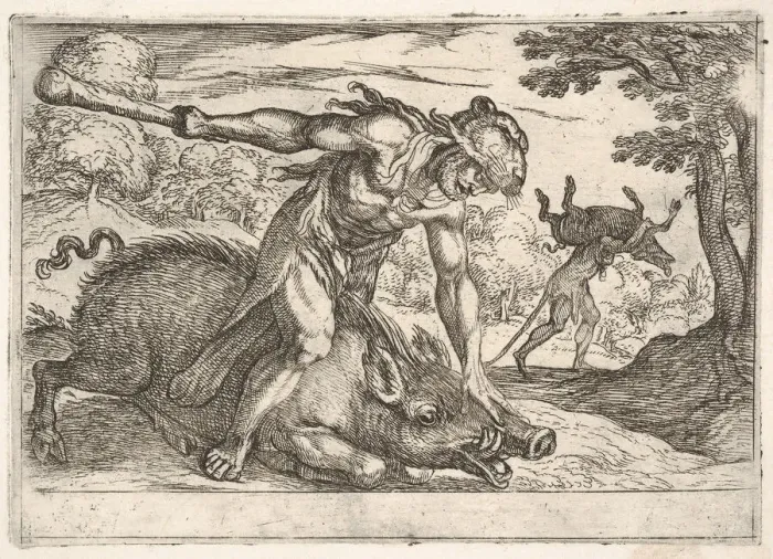 Framed Print : Hercules and the Boar of Erymanthus: Hercules holds down the boars snout with his left Framed Print : Hercules and the Boar of Erymanthus: Hercules holds down the boars snout with his left