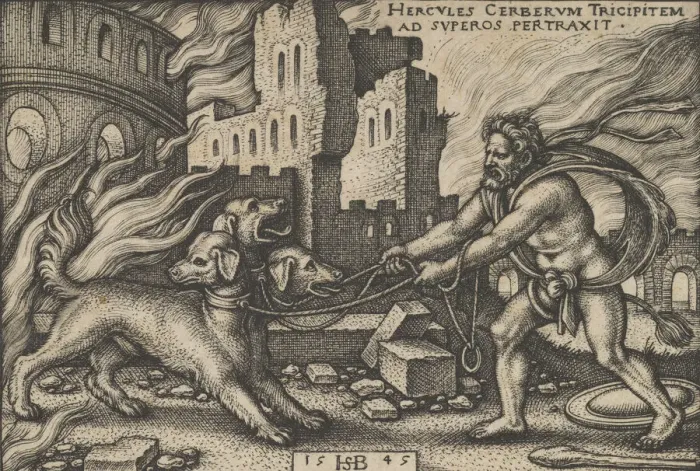 Framed Print : Hercules Capturing Cerberus, from The Labors of Hercules, 1545. Creator: Sebald Beham Framed Print : Hercules Capturing Cerberus, from The Labors of Hercules, 1545. Creator: Sebald Beham