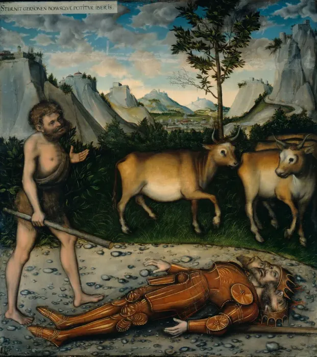 Framed Print : Hercules and the Cattle of Geryones (From The Labours of Hercules). Artist: Cranach, Lucas, the Elder (1472-1553) Framed Print : Hercules and the Cattle of Geryones (From The Labours of Hercules). Artist: Cranach, Lucas, the Elder (1472-1553)