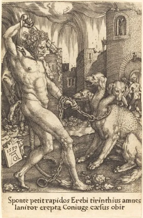 Framed Print : Hercules and Cerberus, 1550. Creator: Heinrich Aldegrever Framed Print : Hercules and Cerberus, 1550. Creator: Heinrich Aldegrever