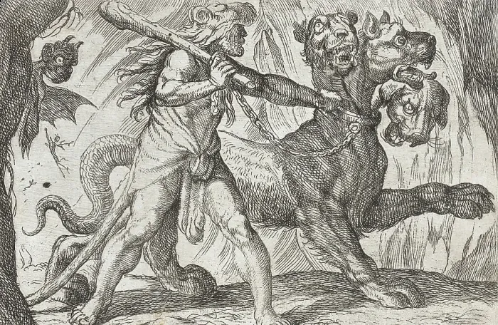 Framed Print : Hercules and Cerberus, 1608. Creators: Antonio Tempesta, Nicolaus van Aelst Framed Print : Hercules and Cerberus, 1608. Creators: Antonio Tempesta, Nicolaus van Aelst