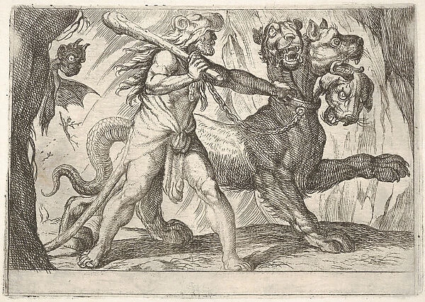 Hercules and Cerberus: Hercules grasps the collar of Cerberus, two demons appear at left