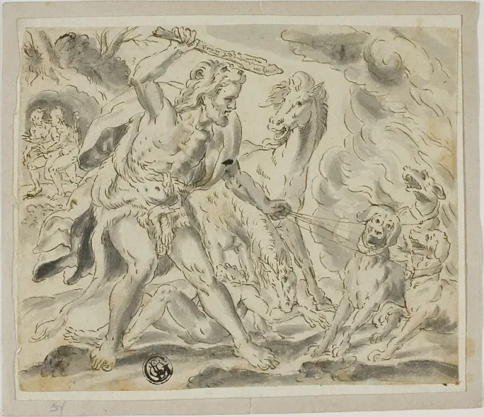 Framed Print : Hercules, Cerberus and the Mares of Diomedes, n.d. Creator: Unknown Framed Print : Hercules, Cerberus and the Mares of Diomedes, n.d. Creator: Unknown