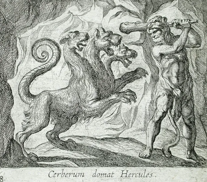 Framed Print : Hercules and Cerberus, published 1606. Creators: Antonio Tempesta, Wilhelm Janson Framed Print : Hercules and Cerberus, published 1606. Creators: Antonio Tempesta, Wilhelm Janson