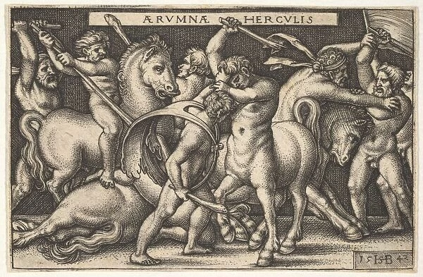 Hercules with his club in center fighting a centaur, other men fighting centaurs to left