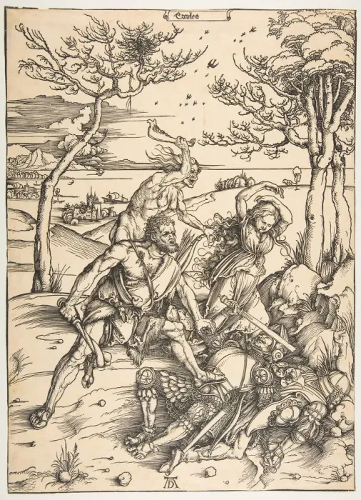 Framed Print : Hercules Conquering the Molionide Twins. n. d. Creator: Albrecht Durer Framed Print : Hercules Conquering the Molionide Twins. n. d. Creator: Albrecht Durer