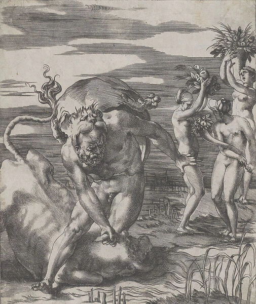 Hercules defeating the river god Achelous in the form of a bull, with three women t