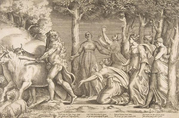 Hercules driving off the cattle of Geryon, at the right are the nymphs of Hesperides