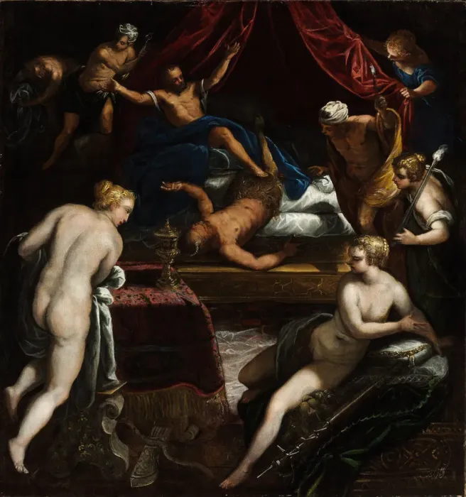 Framed Print : Hercules Expelling the Faun from Omphales Bed. Artist: Tintoretto, Jacopo (1518-1594) Framed Print : Hercules Expelling the Faun from Omphales Bed. Artist: Tintoretto, Jacopo (1518-1594)