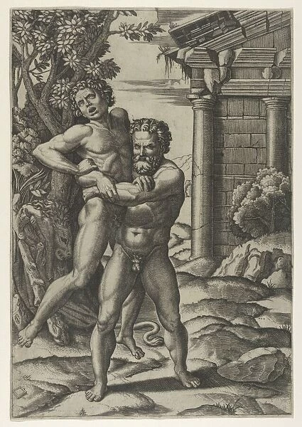 Hercules holding Antaeus by the waist and lifting him off his feet, ca. 1520-22 Creator: Marcantonio Raimondi
