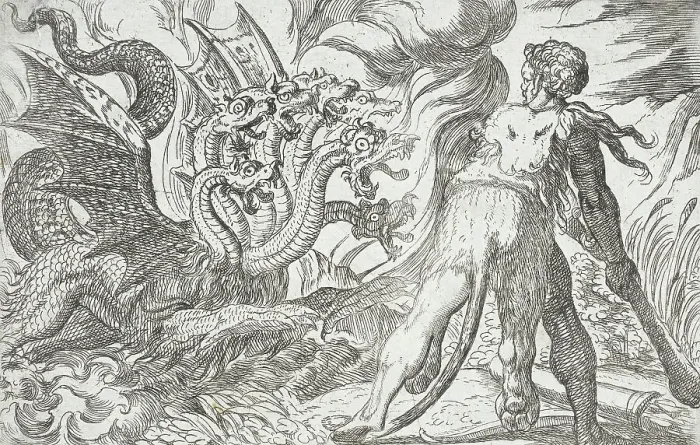 Framed Print : Hercules and the Hydra of Lerna, 1608. Creators: Antonio Tempesta, Nicolaus van Aelst Framed Print : Hercules and the Hydra of Lerna, 1608. Creators: Antonio Tempesta, Nicolaus van Aelst