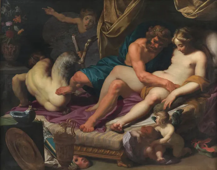 Framed Print : Hercules Kicking Faunus out of Omfale's Bed, 1607. Creator: Abraham Bloemaert Framed Print : Hercules Kicking Faunus out of Omfale's Bed, 1607. Creator: Abraham Bloemaert