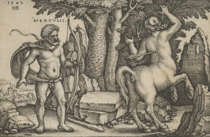 Framed Print : Hercules Killing Nessus, from The Labors of Hercules, 1542. Creator: Sebald Beham Framed Print : Hercules Killing Nessus, from The Labors of Hercules, 1542. Creator: Sebald Beham