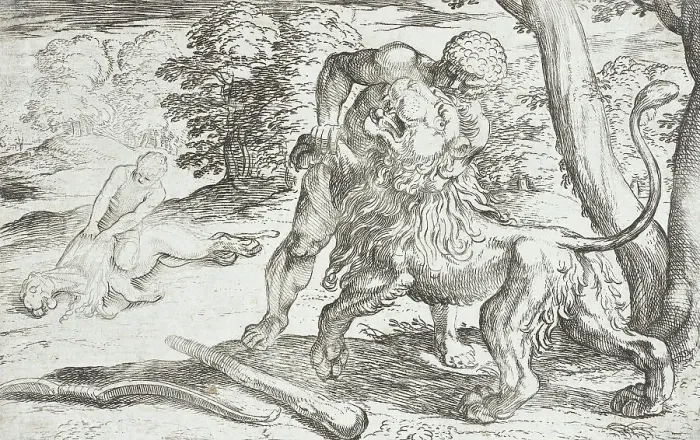 Framed Print : Hercules and the Nemean Lion, 1608. Creators: Antonio Tempesta, Nicolaus van Aelst Framed Print : Hercules and the Nemean Lion, 1608. Creators: Antonio Tempesta, Nicolaus van Aelst