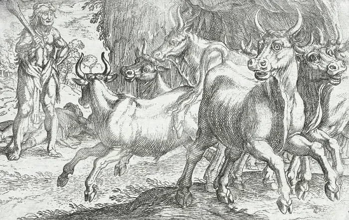 Framed Print : Hercules and the Oxen of Geryones, 1608. Creators: Antonio Tempesta, Nicolaus van Aelst Framed Print : Hercules and the Oxen of Geryones, 1608. Creators: Antonio Tempesta, Nicolaus van Aelst
