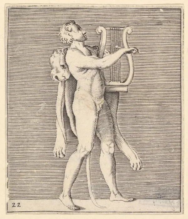 Framed Print : Hercules playing a lyre, a lionskin draped over his shoulder, published ca. 1599-1622 Framed Print : Hercules playing a lyre, a lionskin draped over his shoulder, published ca. 1599-1622