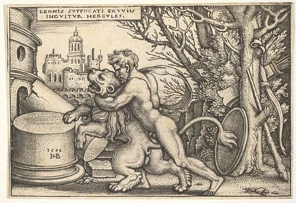 Hercules, in profile, killing the Nemean lion with his arm around its neck