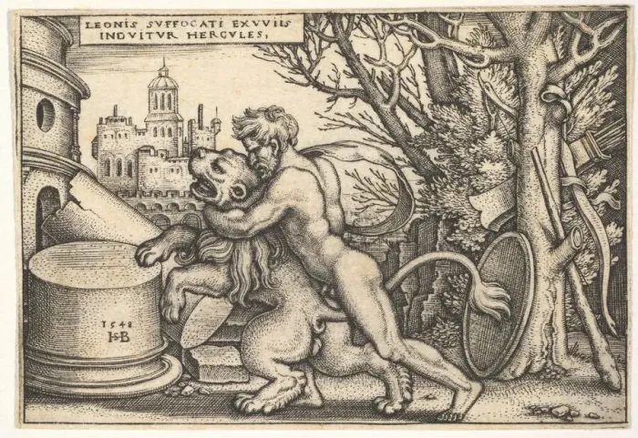 Framed Print : Hercules, in profile, killing the Nemean lion with his arm around its neck Framed Print : Hercules, in profile, killing the Nemean lion with his arm around its neck