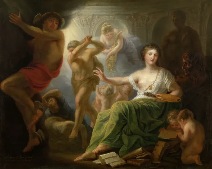 Framed Print : Hercules Protects the Muse of the Fine Arts Against Envy and Ignorance, 1763. Creator: Andries Lens Framed Print : Hercules Protects the Muse of the Fine Arts Against Envy and Ignorance, 1763. Creator: Andries Lens
