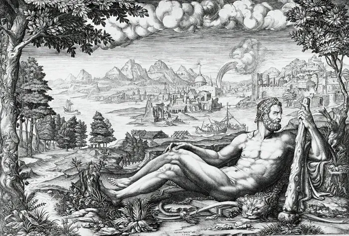 Framed Print : Hercules Resting from His Labors, 1567. Creator: Giorgio Ghisi Framed Print : Hercules Resting from His Labors, 1567. Creator: Giorgio Ghisi