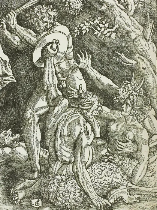 Framed Print : Hercules, Two Satyrs, and a Woman, plate two from The Labors of Hercules, c. 1528. Creator: Gabriel Salmon Framed Print : Hercules, Two Satyrs, and a Woman, plate two from The Labors of Hercules, c. 1528. Creator: Gabriel Salmon