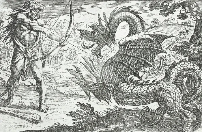 Framed Print : Hercules and the Serpent Ladon, 1608. Creators: Antonio Tempesta, Nicolaus van Aelst Framed Print : Hercules and the Serpent Ladon, 1608. Creators: Antonio Tempesta, Nicolaus van Aelst