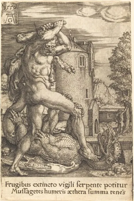 Framed Print : Hercules Slaying the Dragon, 1550. Creator: Heinrich Aldegrever Framed Print : Hercules Slaying the Dragon, 1550. Creator: Heinrich Aldegrever