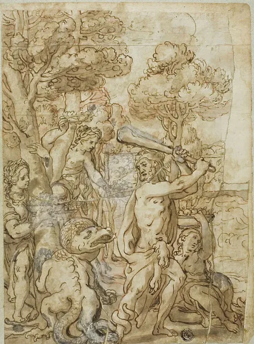 Framed Print : Hercules Slaying the Serpent Ladon in the Garden of the Hesperides, n.d. Creator: Andrea Lilio Framed Print : Hercules Slaying the Serpent Ladon in the Garden of the Hesperides, n.d. Creator: Andrea Lilio