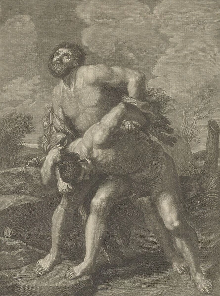 Hercules wearing a lion skin and fighting Achelous, a landscape in the background, ..., ca. 1713-72. Creator: Robert Hecquet