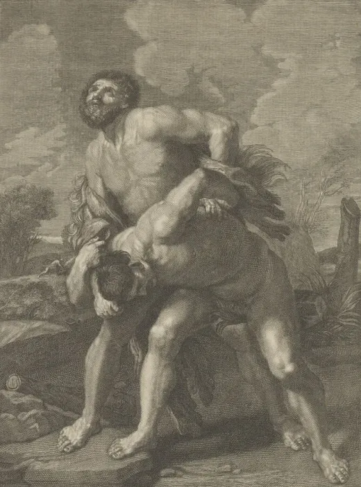 Framed Print : Hercules wearing a lion skin and fighting Achelous, a landscape in the background... ca. 1713-72. Creator: Robert Hecquet Framed Print : Hercules wearing a lion skin and fighting Achelous, a landscape in the background... ca. 1713-72. Creator: Robert Hecquet