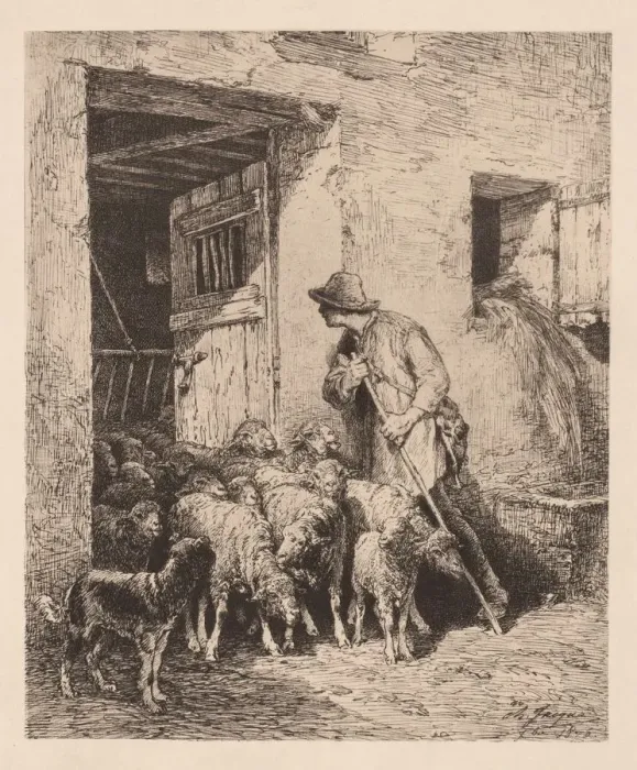 Framed Print : The Herd Exits (La Sortie du Troupeau), 1876. Creator: Charles-Emile Jacque (French Framed Print : The Herd Exits (La Sortie du Troupeau), 1876. Creator: Charles-Emile Jacque (French