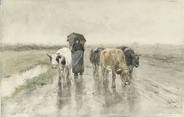A Herdess with Cows on a Country Road in the Rain, 1848-1888. Creator: Anton Mauve