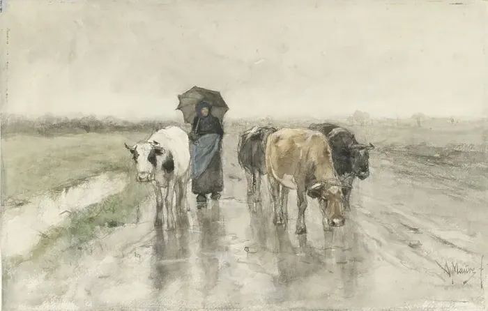 Framed Print : A Herdess with Cows on a Country Road in the Rain, 1848-1888. Creator: Anton Mauve