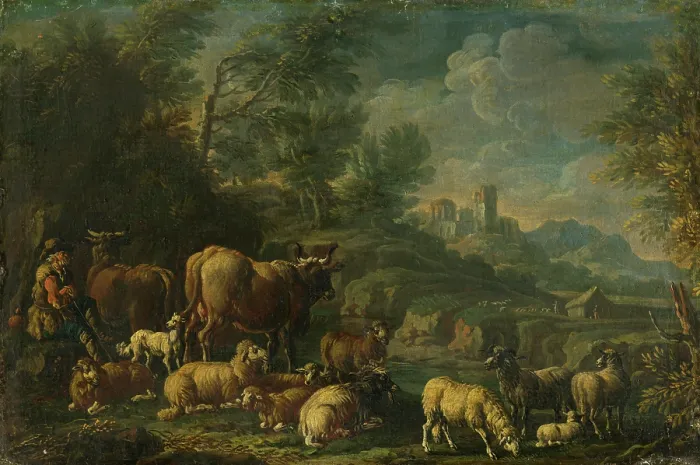 Framed Print : Herdsman with his Herd in Romantic Landscape, last 3rd 18th century. Creator: Unknown Framed Print : Herdsman with his Herd in Romantic Landscape, last 3rd 18th century. Creator: Unknown