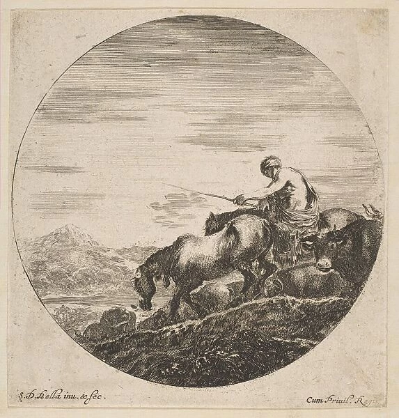 Herdsman on horseback drives animals, from Six animal subjects (Six sujets d'animaux)