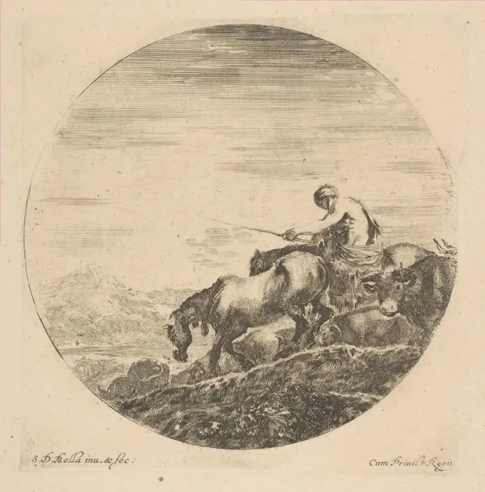 Framed Print : Herdsman on Horseback Drives Animals, ca. 1646. Creator: Stefano della Bella Framed Print : Herdsman on Horseback Drives Animals, ca. 1646. Creator: Stefano della Bella