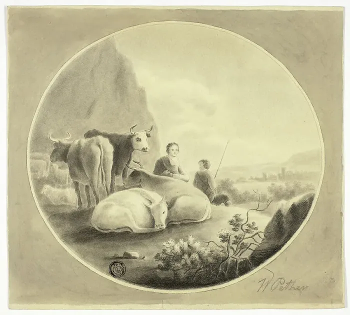 Framed Print : Herdsmen, Cows and Sheep in Landscape, n.d. Creator: William Pether Framed Print : Herdsmen, Cows and Sheep in Landscape, n.d. Creator: William Pether
