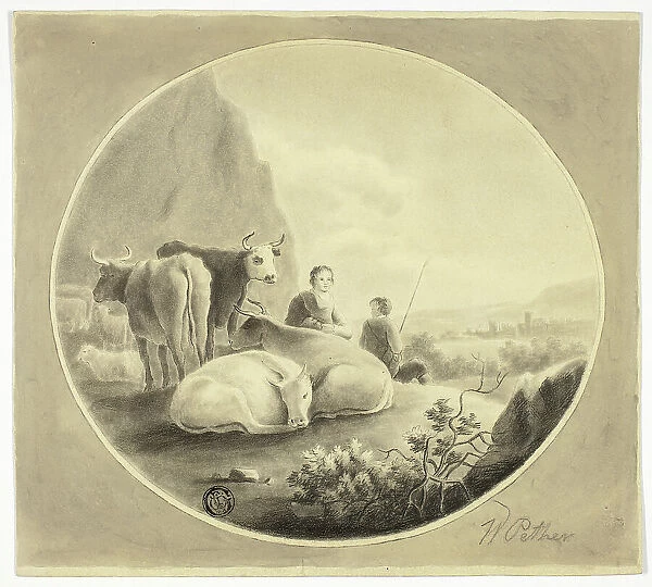 Herdsmen, Cows and Sheep in Landscape, n.d. Creator: William Pether