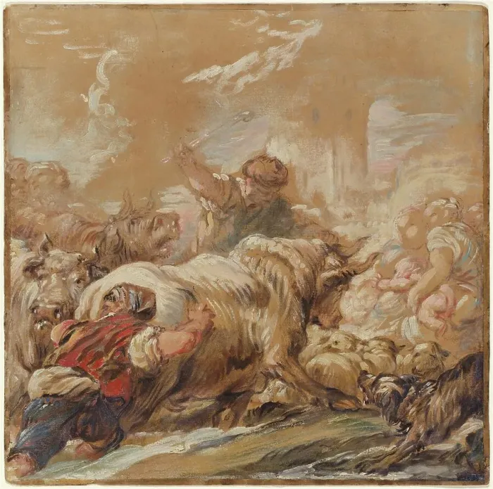 Framed Print : Herdsmen Driving Cattle across a Stream, c. 1760. Creator: Jean-Baptiste Deshays Framed Print : Herdsmen Driving Cattle across a Stream, c. 1760. Creator: Jean-Baptiste Deshays