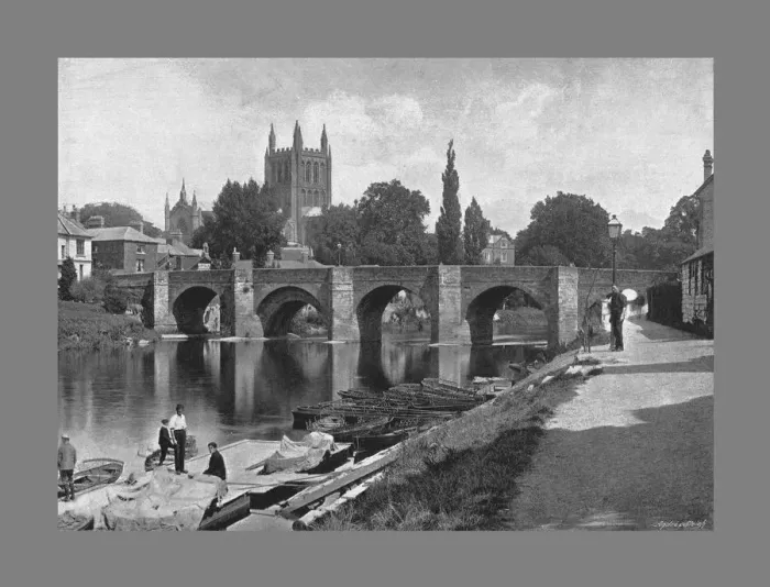 Framed Print : Hereford Cathedral and Wye Bridge, c1900. Artist: J Thirwall Framed Print : Hereford Cathedral and Wye Bridge, c1900. Artist: J Thirwall