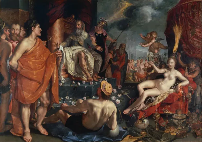 Framed Print : Hermes presenting Pandora to King Epimetheus, 1611. Creator: Goltzius Framed Print : Hermes presenting Pandora to King Epimetheus, 1611. Creator: Goltzius