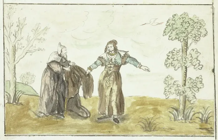 Framed Print : Hermit gives a lady his cloak, c.1641-before 1648. Creator: Gesina ter Borch Framed Print : Hermit gives a lady his cloak, c.1641-before 1648. Creator: Gesina ter Borch
