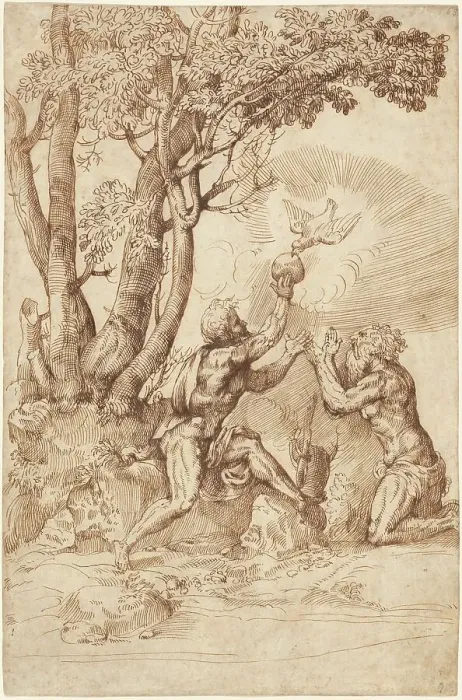Framed Print : The Hermit Saints Paul and Anthony Receiving Bread from a Dove, 1530s. Creator: Domenico Campagnola Framed Print : The Hermit Saints Paul and Anthony Receiving Bread from a Dove, 1530s. Creator: Domenico Campagnola